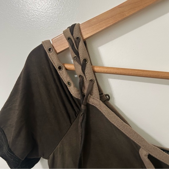 Salvage | Brown Tan Short Sleeve Strappy Graphic Print Mini Dress | Size Small - Picture 5 of 6